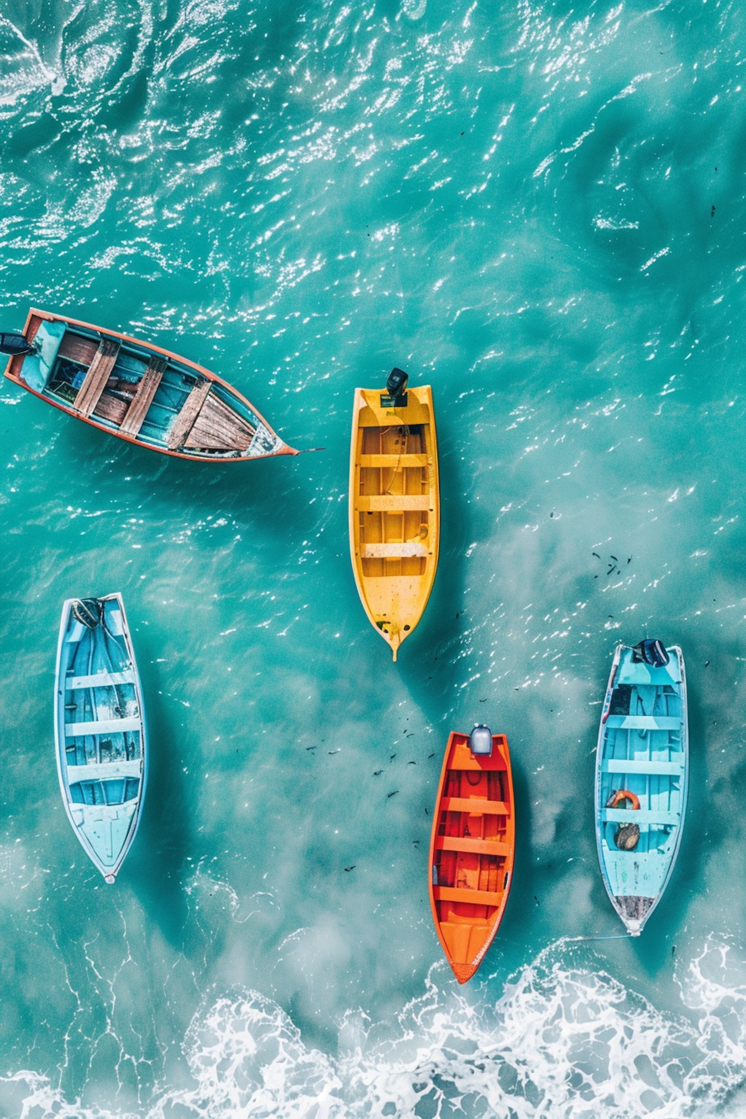 Aerial View of Colorful Boats on Turquoise Sea