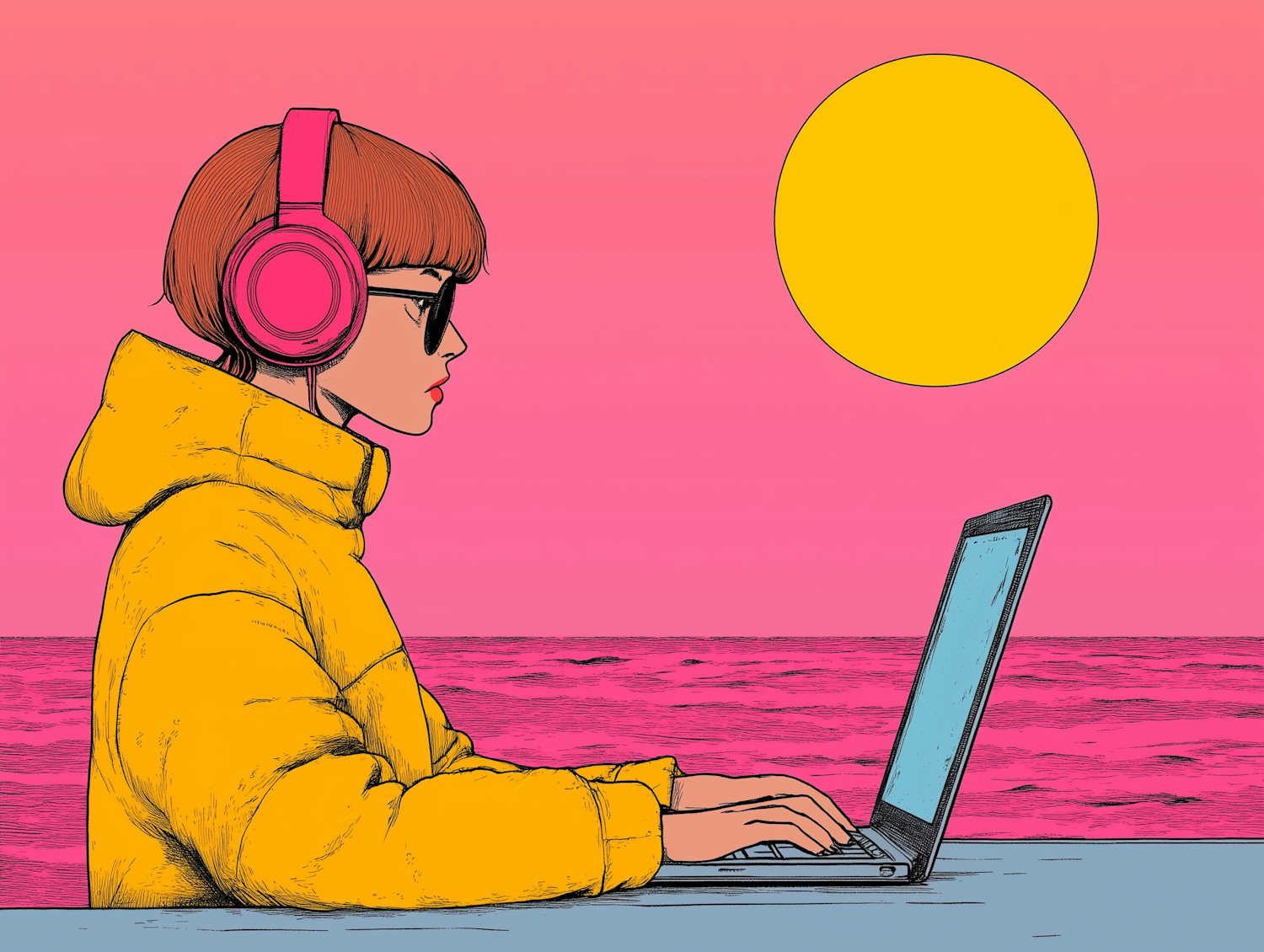 Person with Yellow Jacket and Pink Headphones