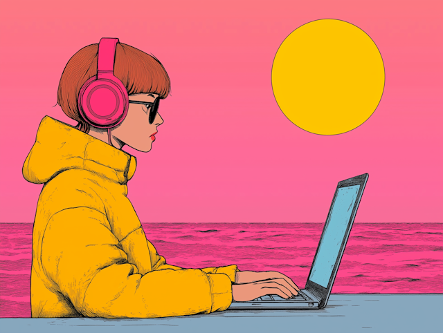 Person with Yellow Jacket and Pink Headphones