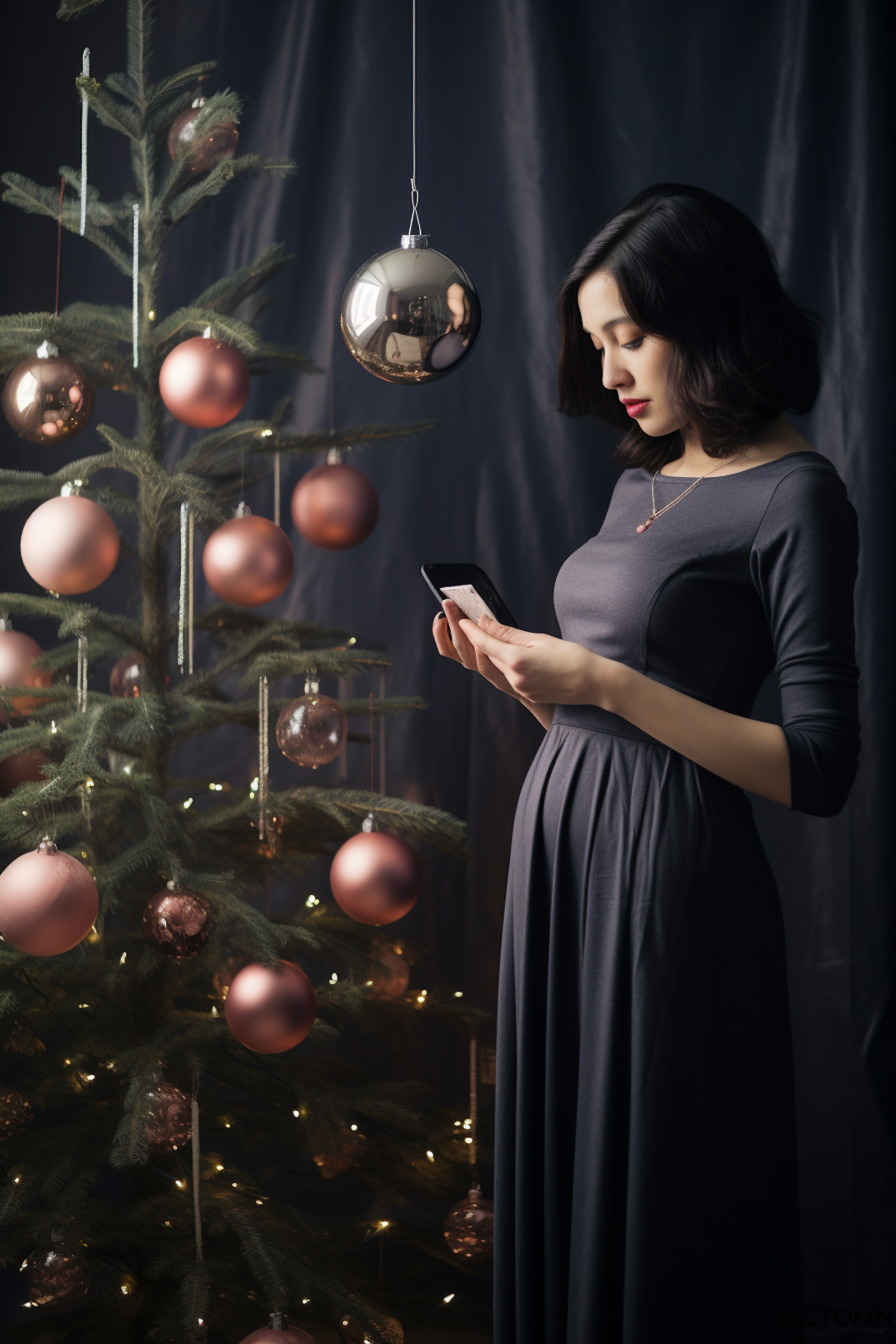 Contemplative Expectant Mother by the Christmas Tree