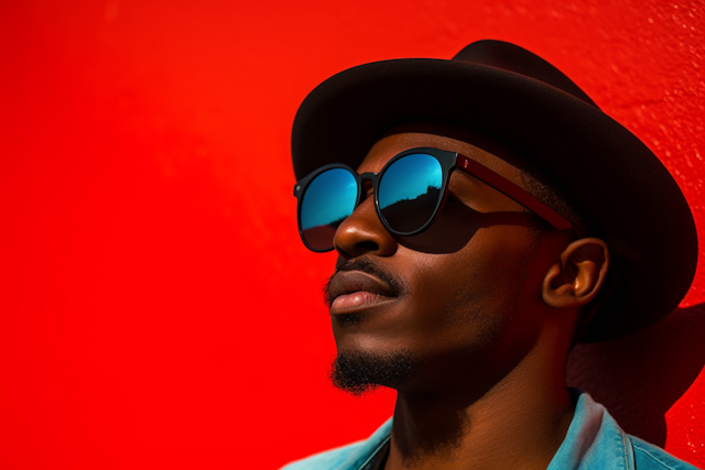 Stylish Man in Black Hat with Reflective Sunglasses Red Backdrop