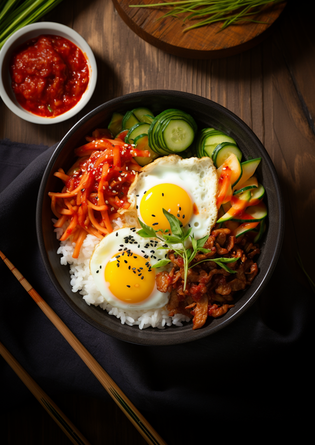 Colorful Traditional Bibimbap with Sunny-Side-Up Eggs