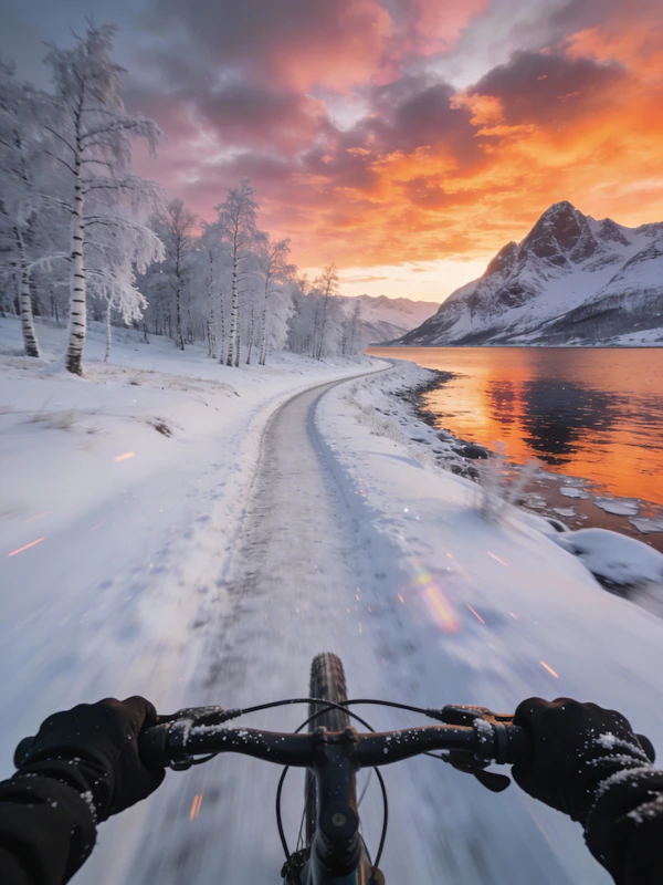 Cyclist's Snowy Sunset