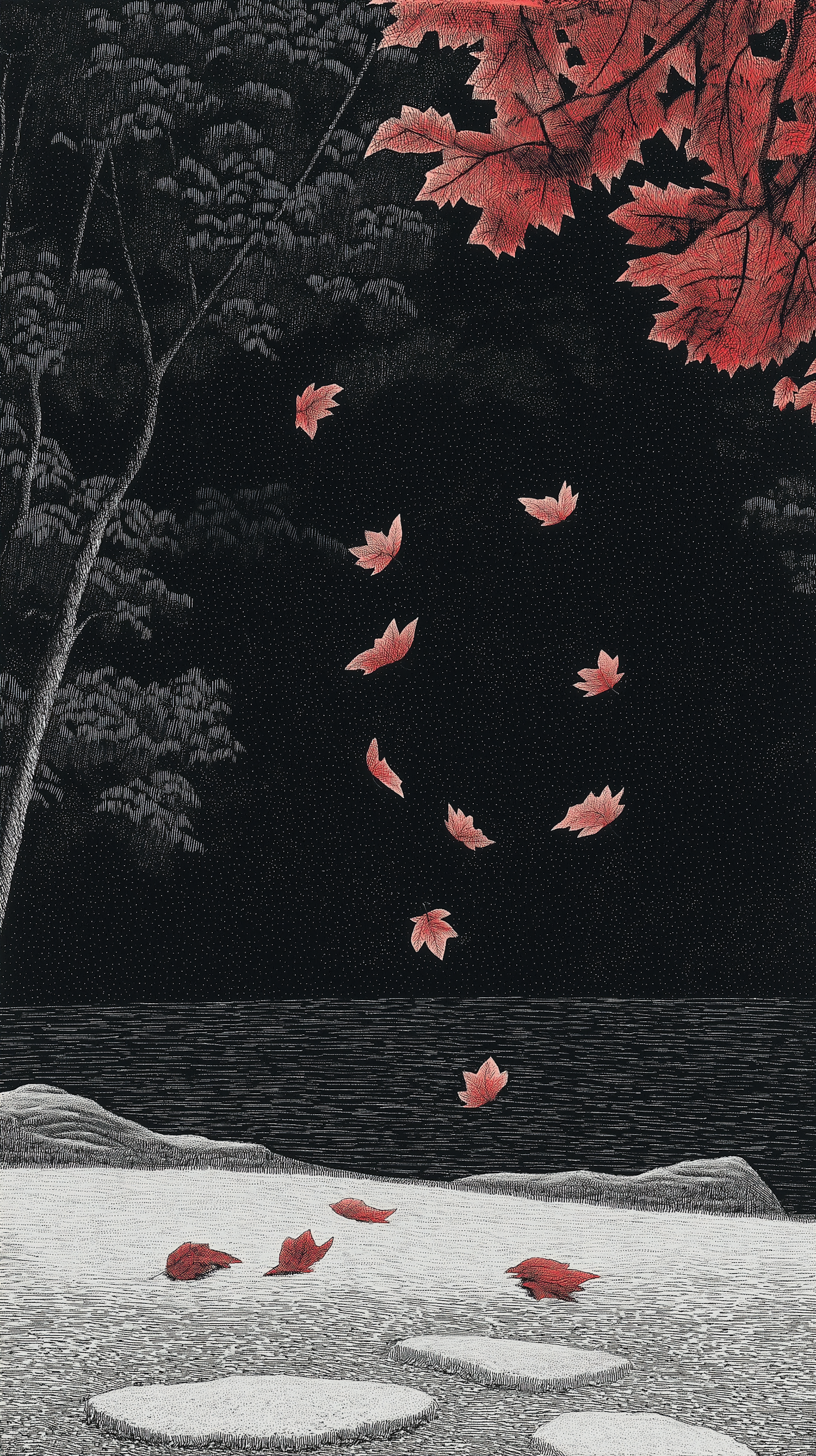 Serene Nocturnal Scene with Red Leaves