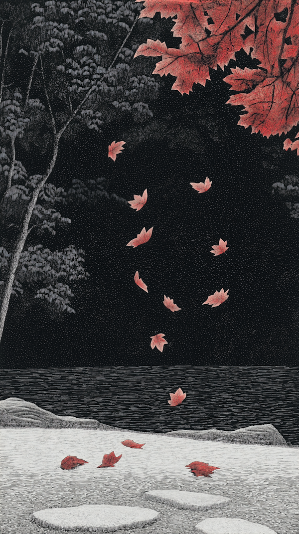 Serene Nocturnal Scene with Red Leaves