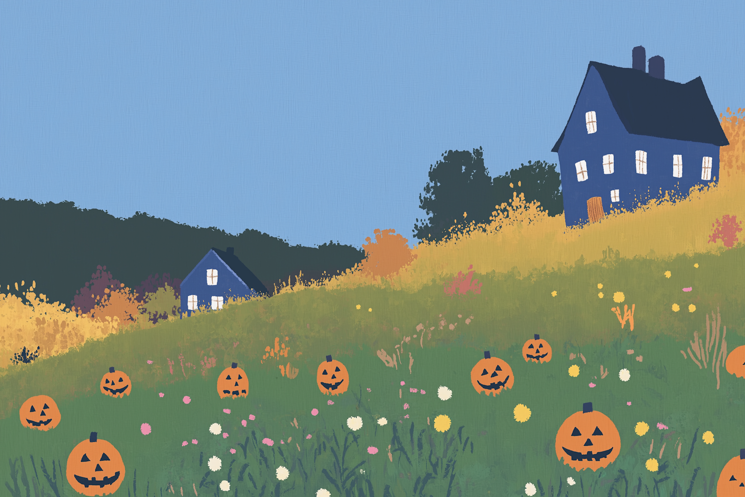 Serene Countryside with Blue Houses and Halloween Pumpkins