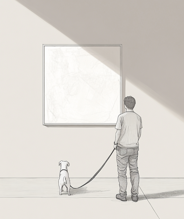 Man and Dog Viewing Artwork