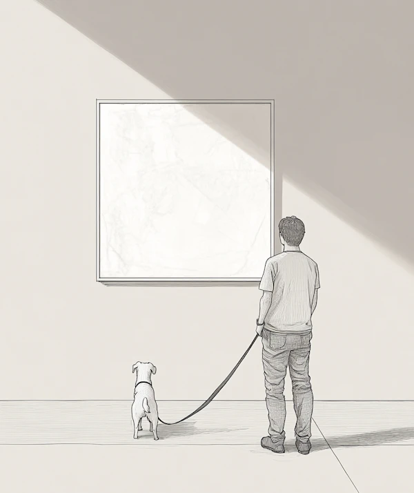 Man and Dog Viewing Artwork