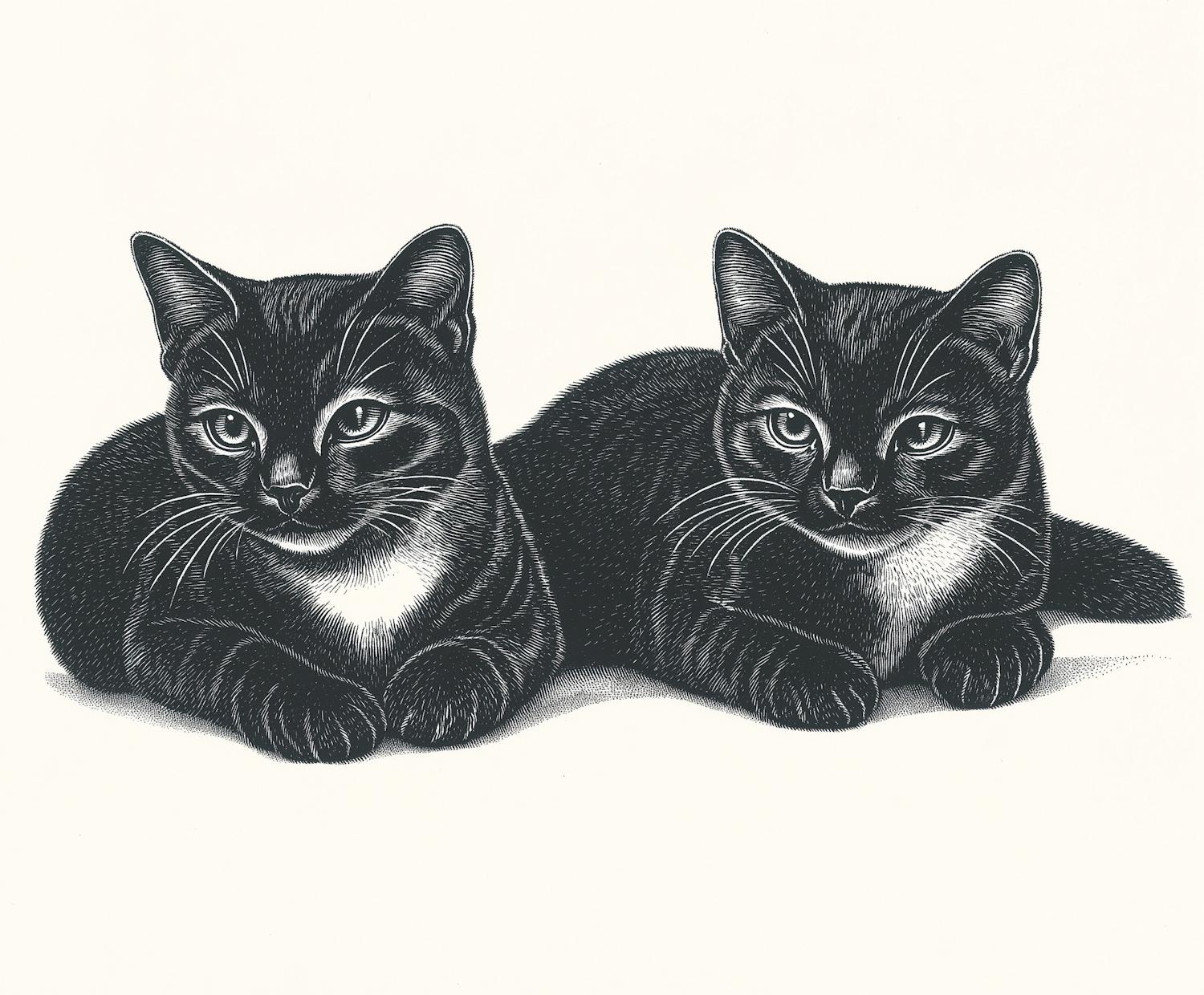 Monochrome Illustration of Two Resting Black Cats