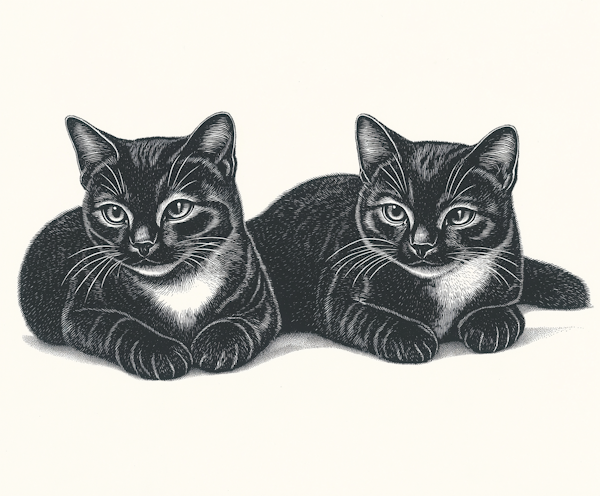 Monochrome Illustration of Two Resting Black Cats