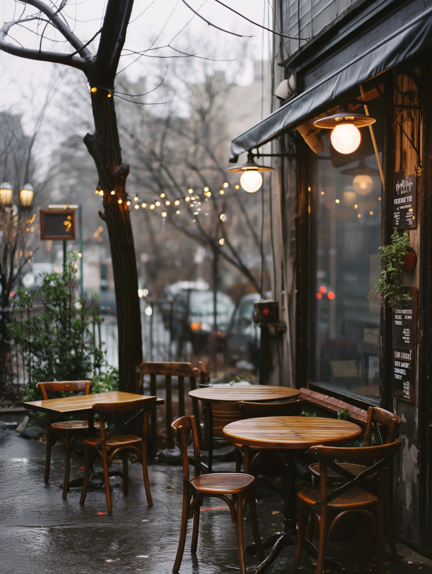 Quaint Café Outdoor Seating Area on a Rainy Day