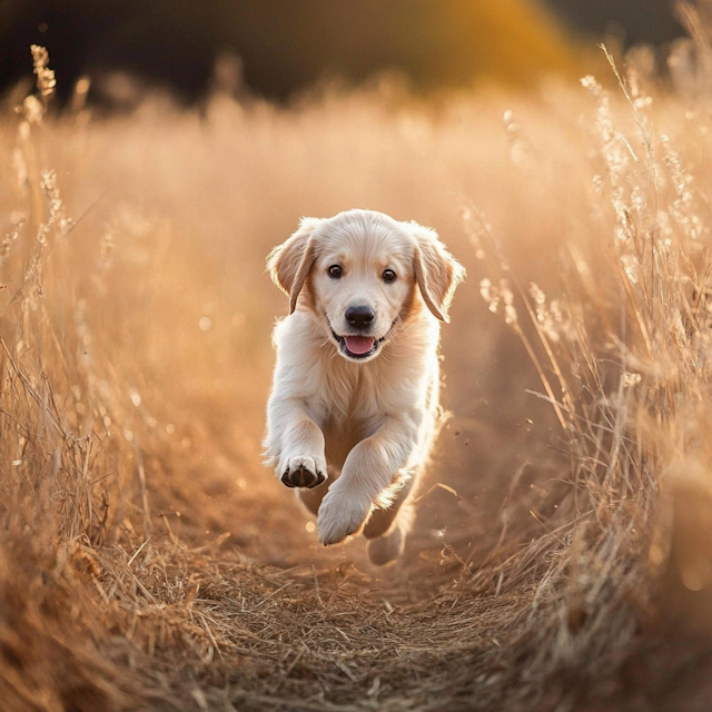 Golden Retriever Puppy in Sunlit Field