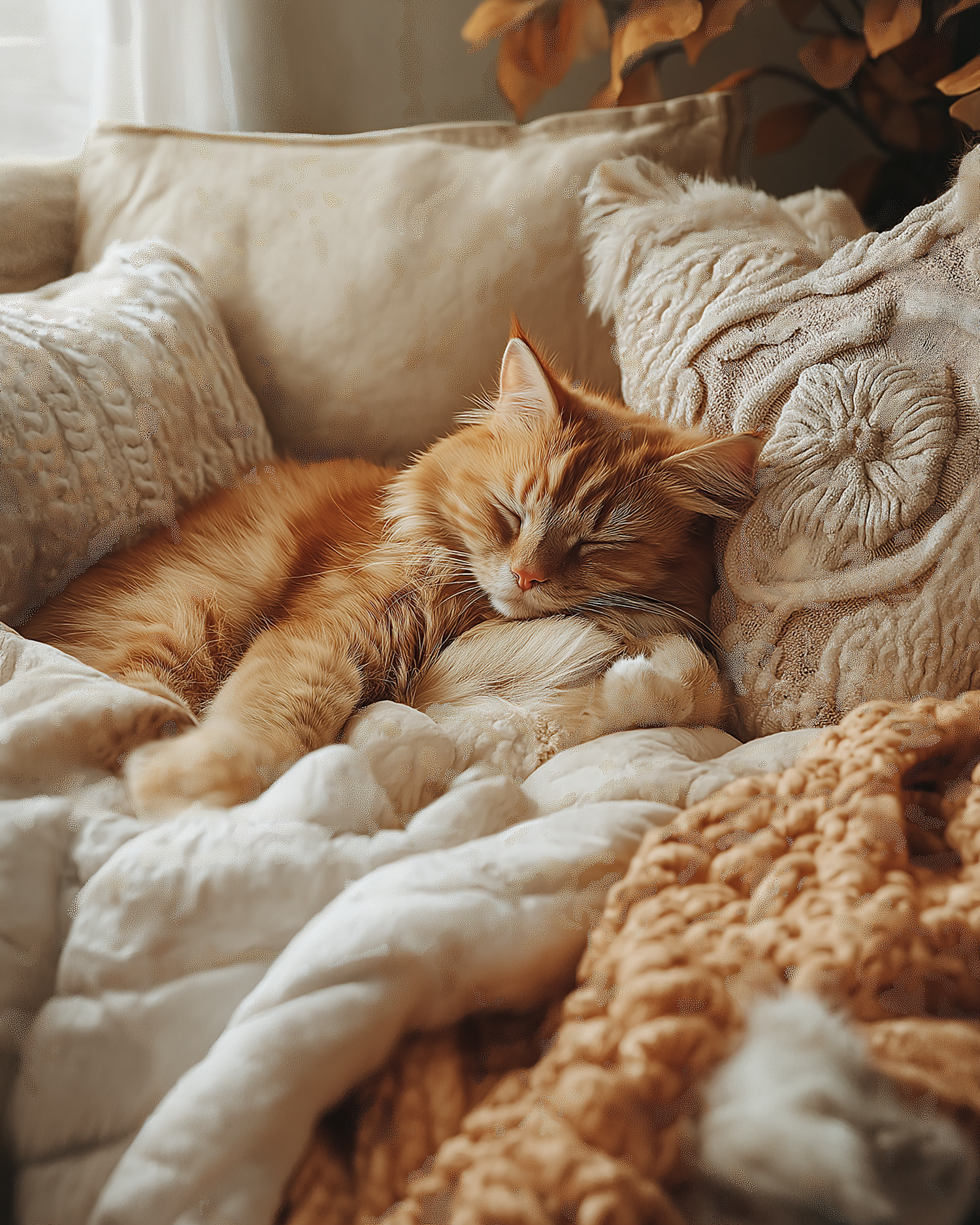 Ginger Cat Sleeping on Cozy Blanket