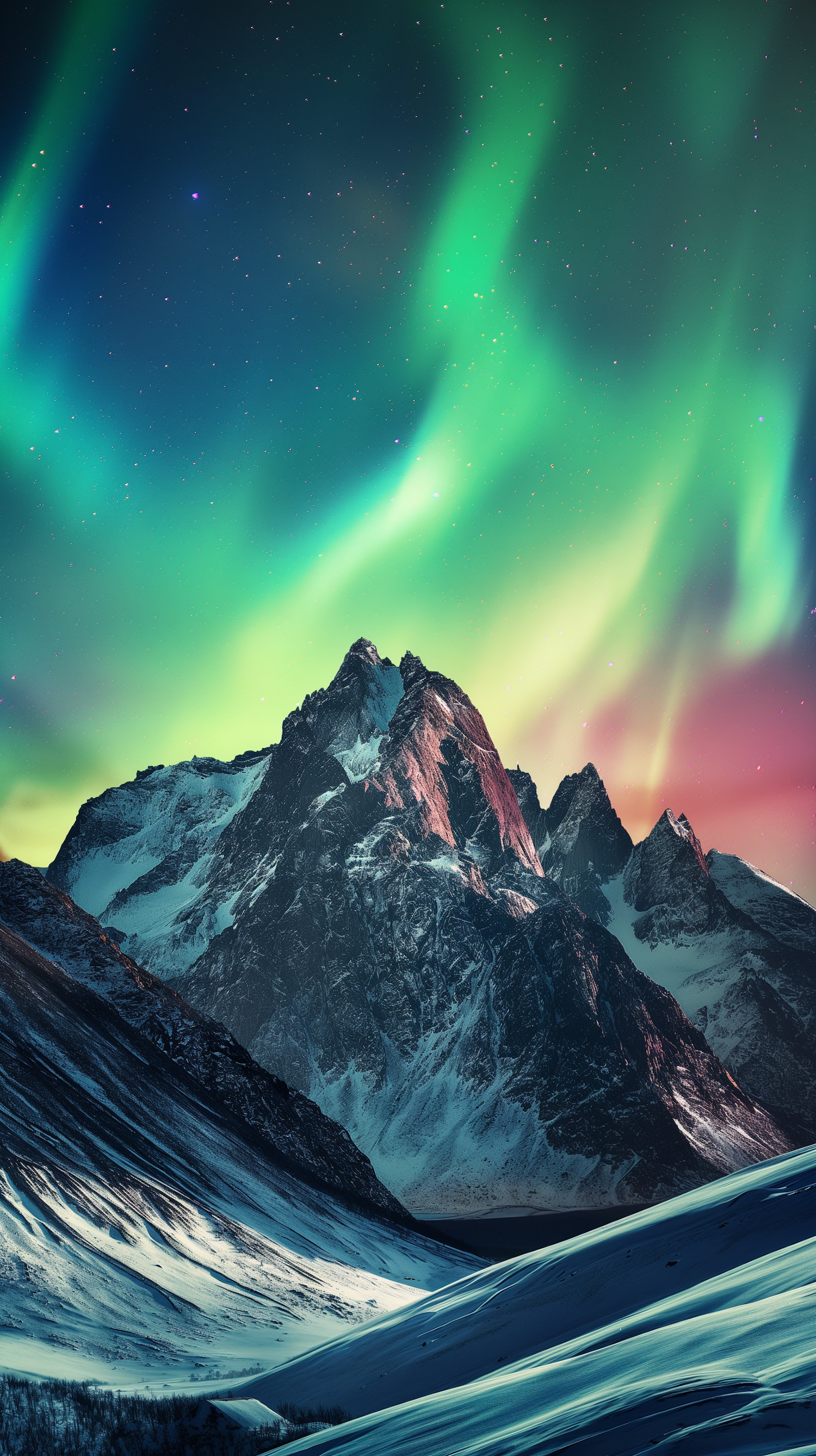 Twilight Aurora Over Snowy Mountains