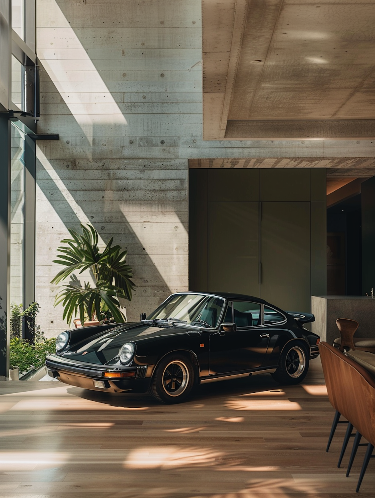 Sleek Black Classic Car in Modern Industrial Setting