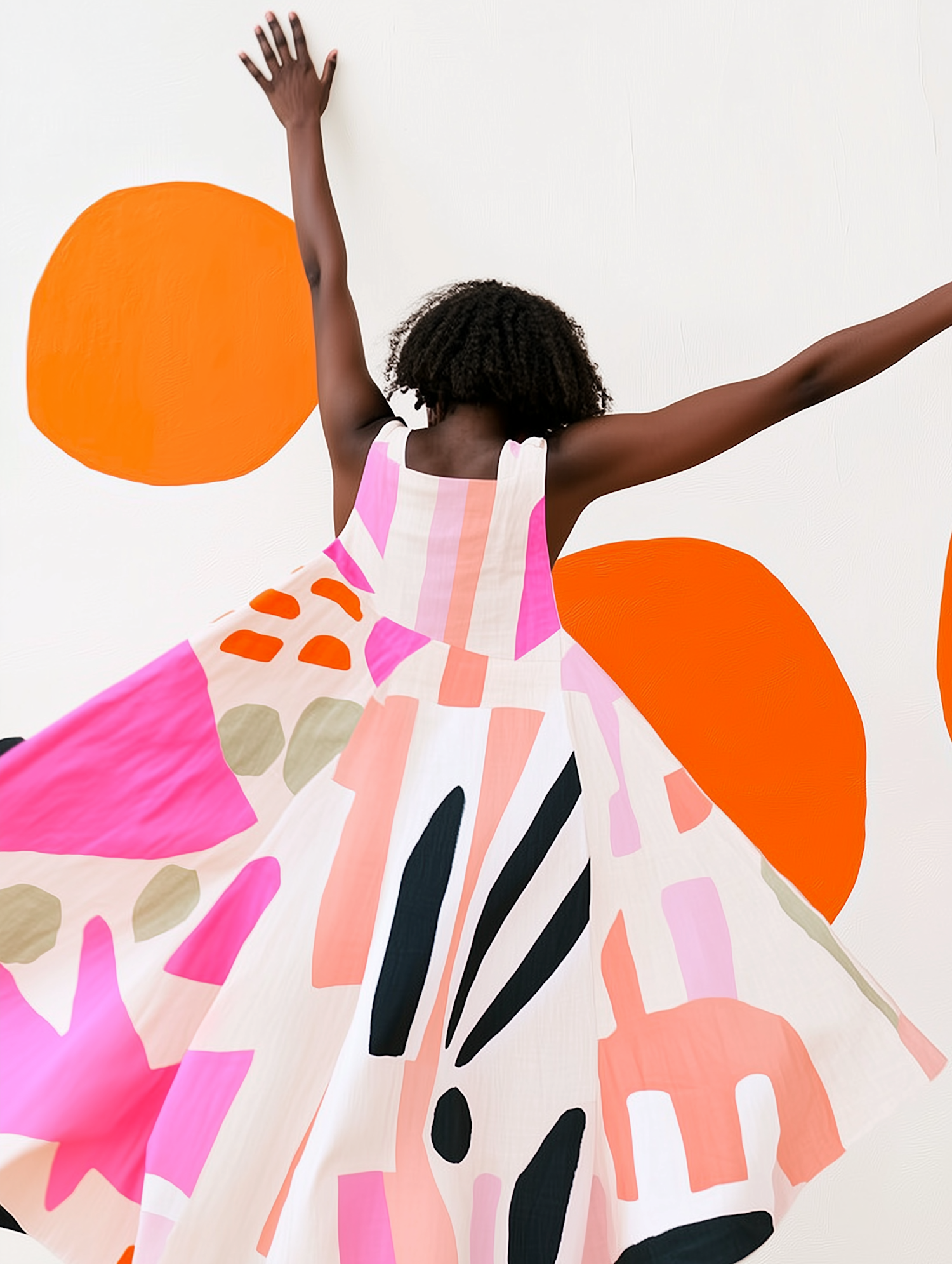 Vibrant Dress and Artistic Wall