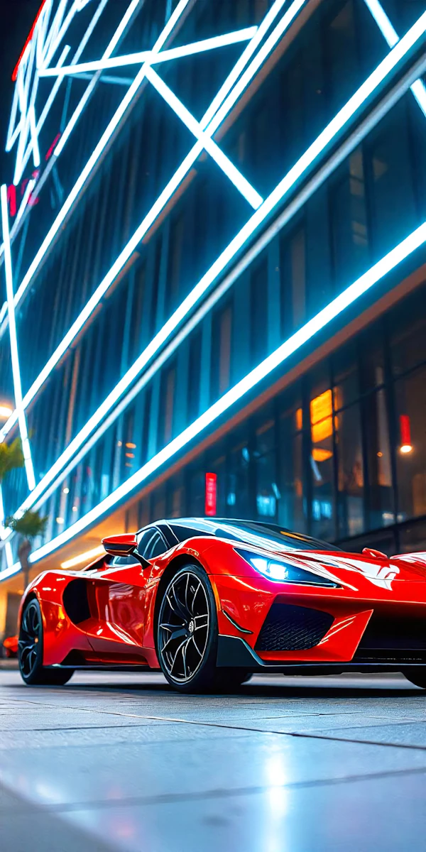 Red Sports Car in Urban Nightscape