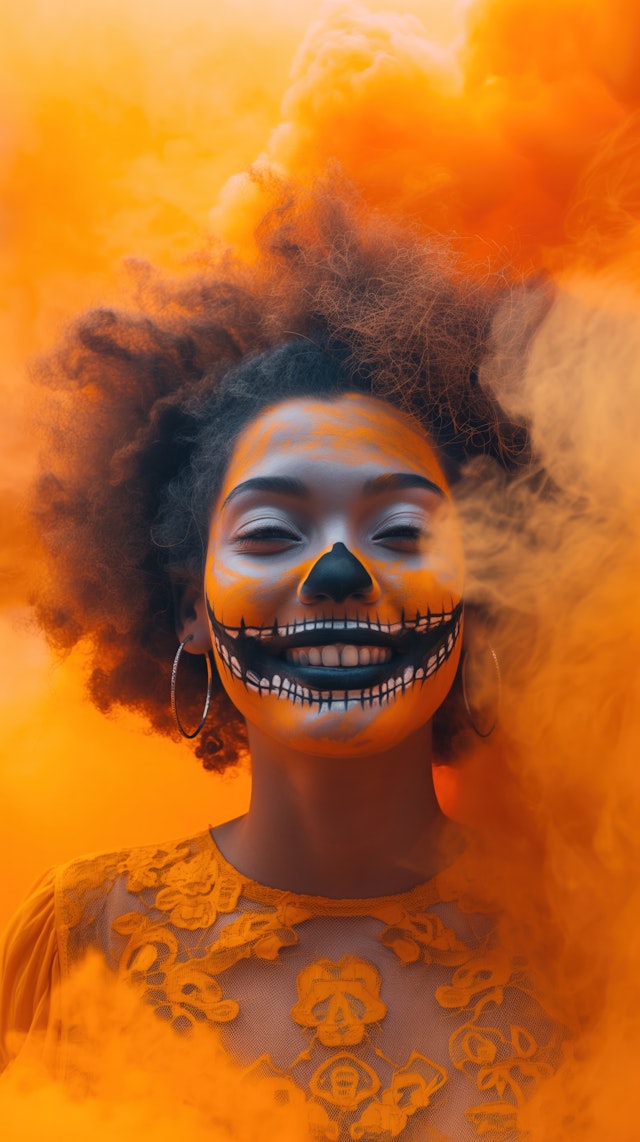 Skeleton Face Paint with Orange Smoke