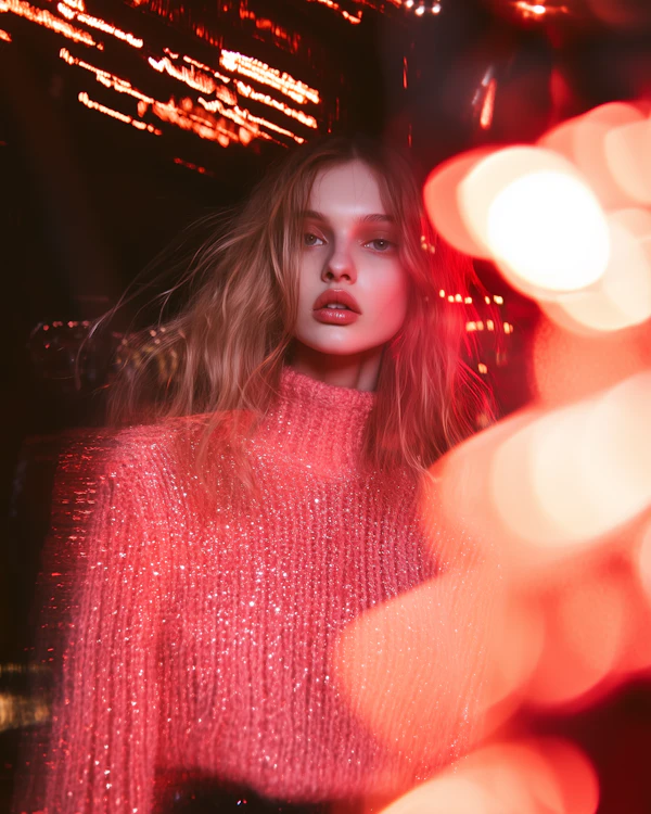 Young Woman in Sparkling Pink Sweater