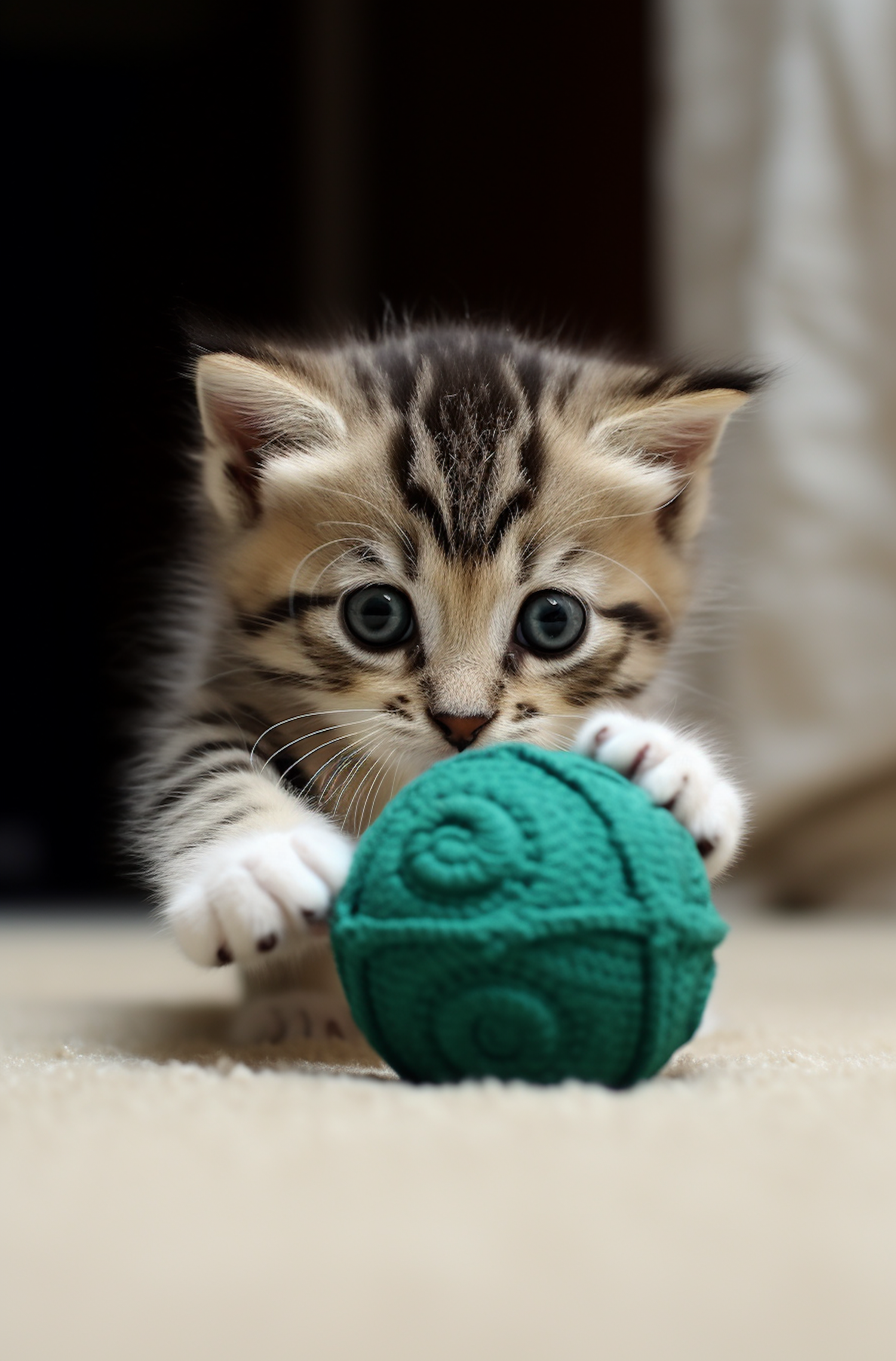 Playful Tabby Kitten with Blue Eyes and Green Yarn