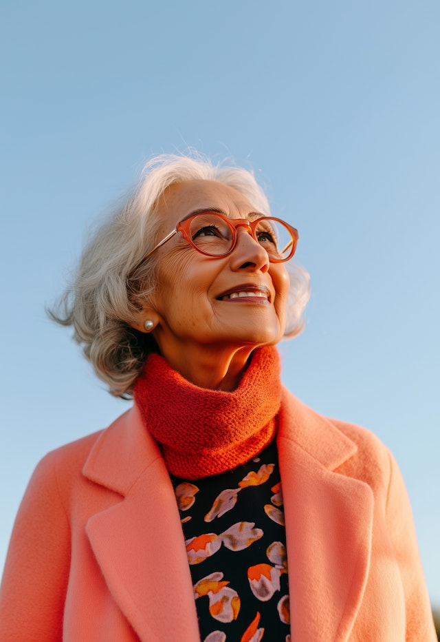 Senior Woman Smiling with Vivid Colors and Blue Sky