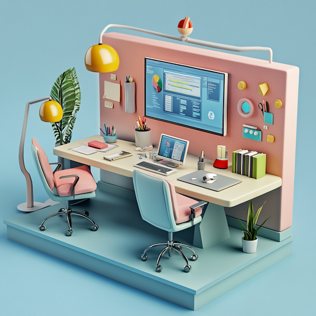 Stylized 3D-Rendered Designer Workspace