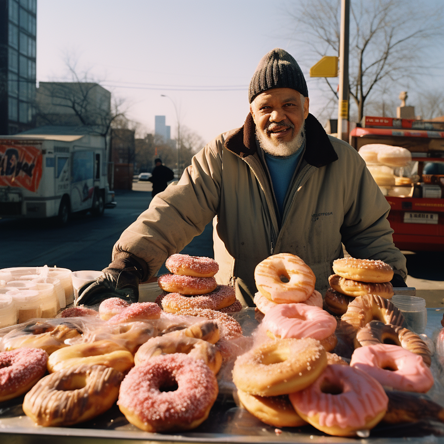 Cheery Donut Cart Vendor in Cool Urban Morning