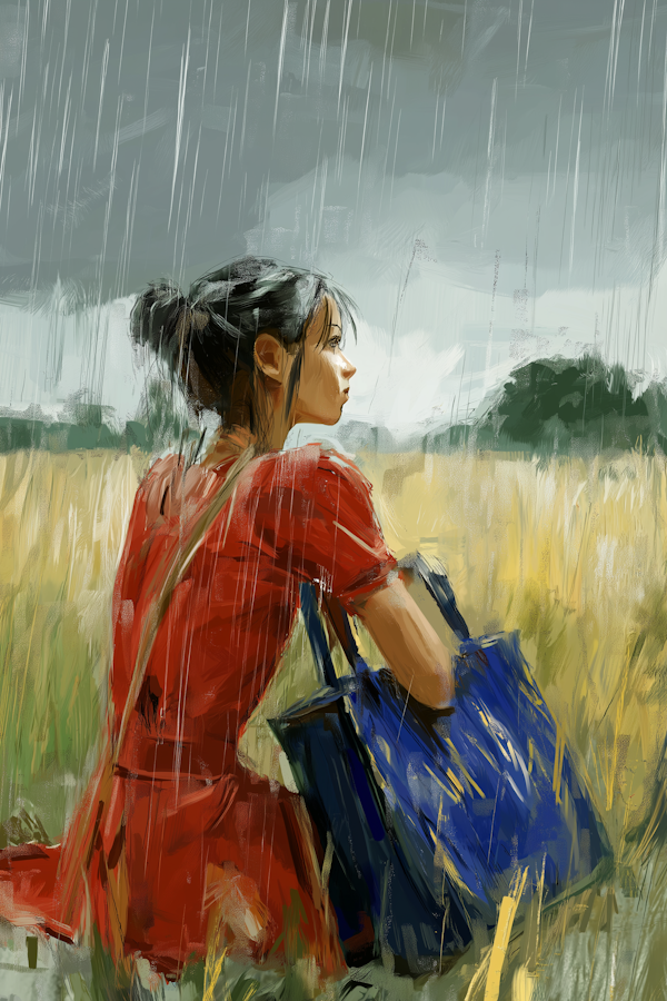 Contemplative Woman in Rainy Field