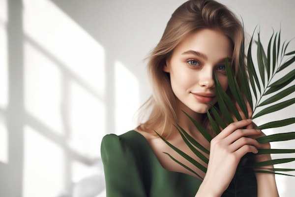 Serene Young Woman with Palm Frond