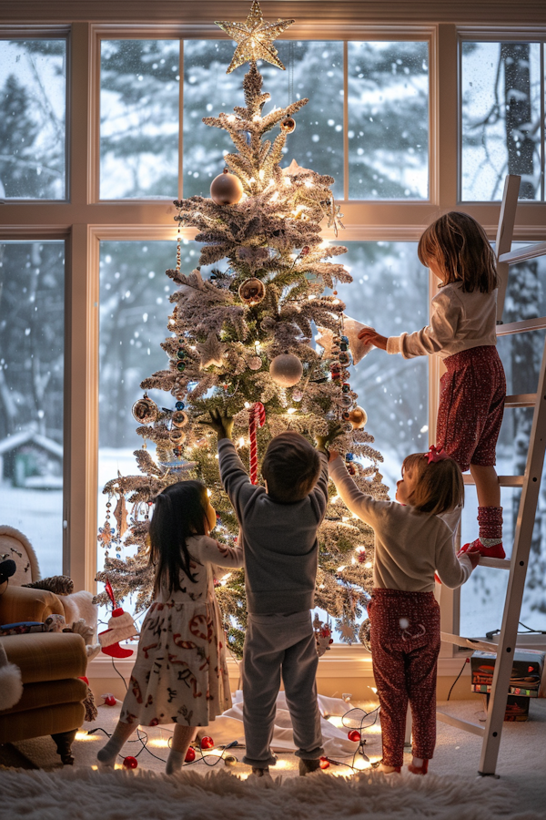 Children Decorating Christmas Tree