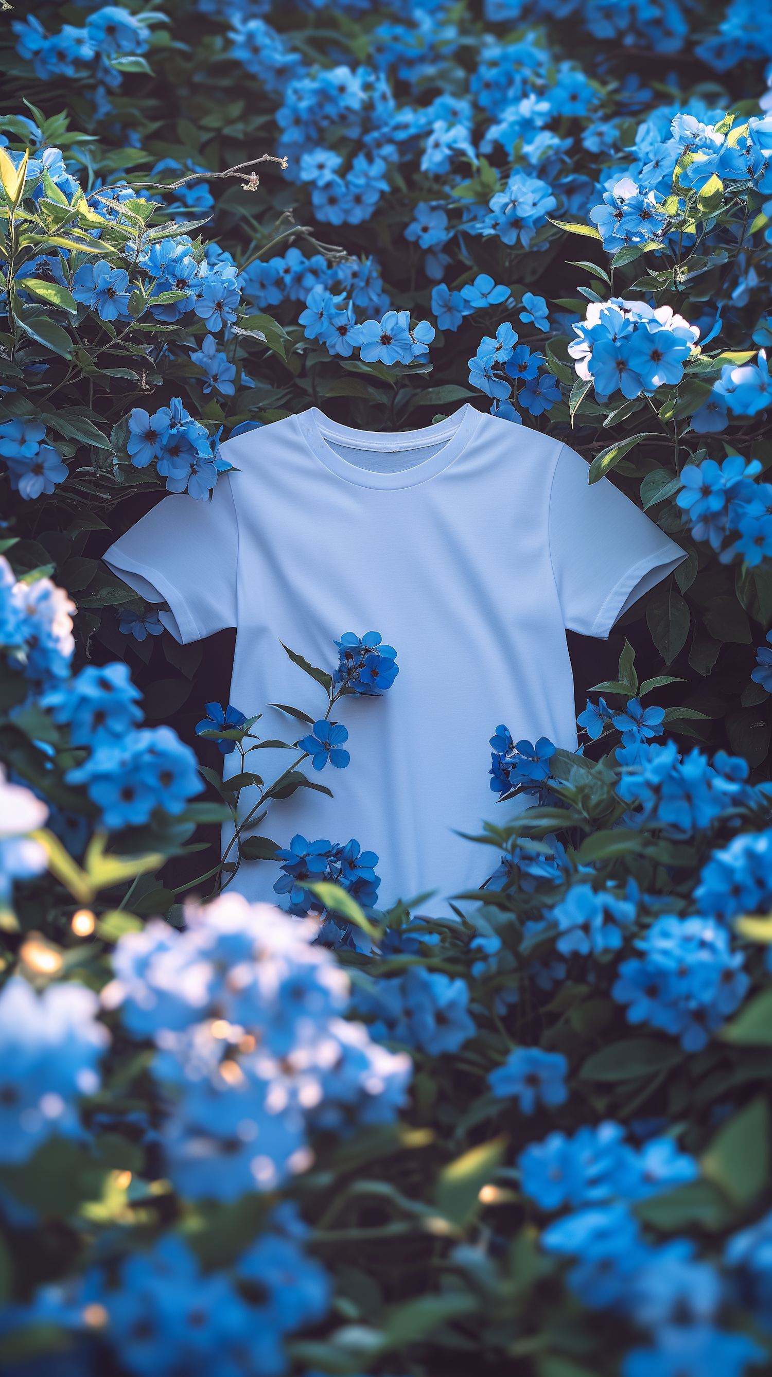 White T-Shirt in Blue Floral Setting