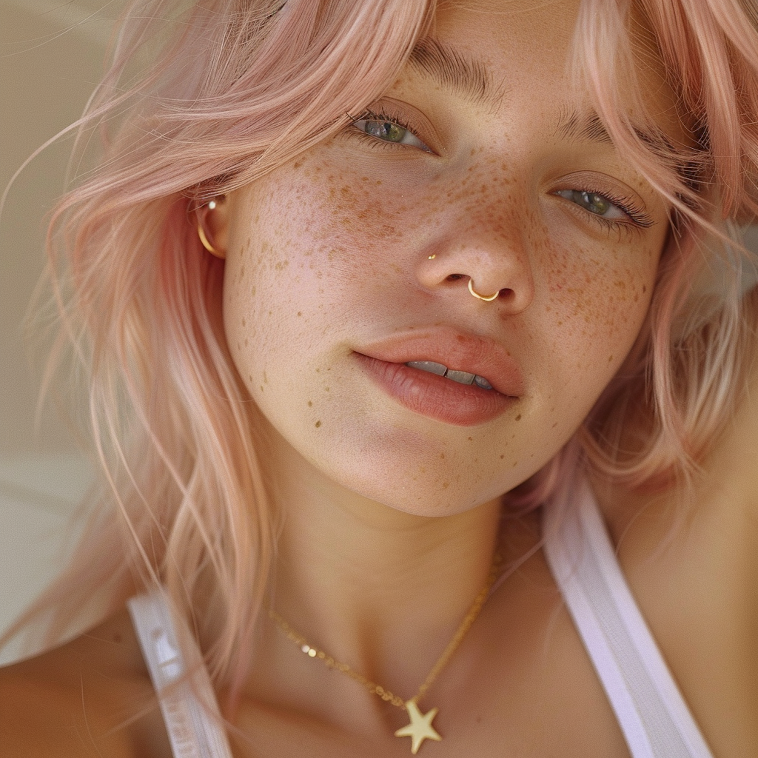 Pastel Pink Haired Woman with Bright Green Eyes