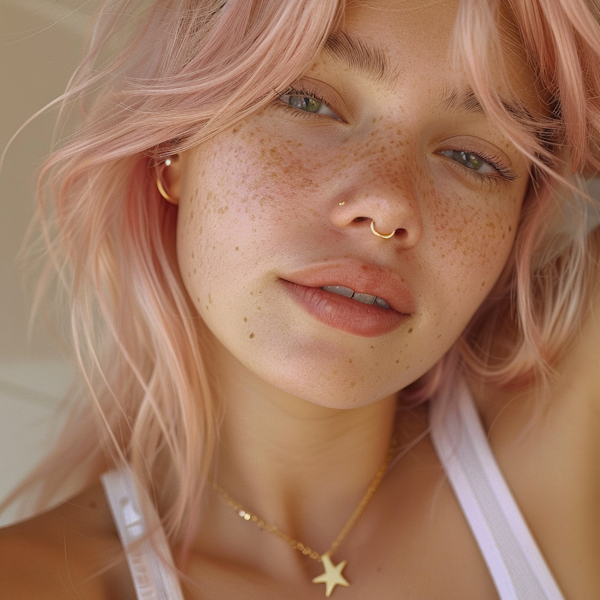 Pastel Pink Haired Woman with Bright Green Eyes