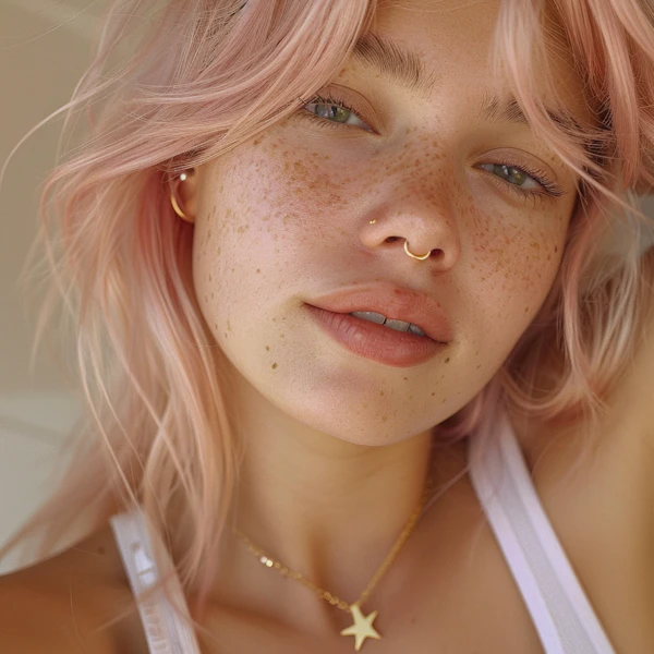 Pastel Pink Haired Woman with Bright Green Eyes