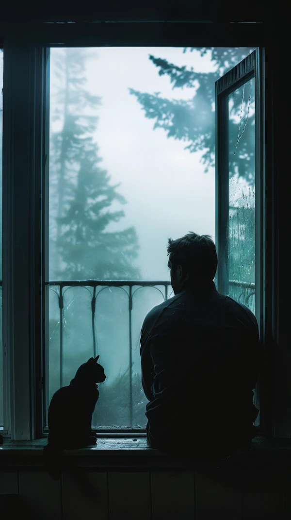 Silhouette of Person and Cat on Windowsill