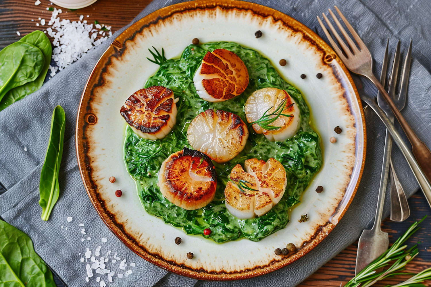 Seared Scallops on Spinach