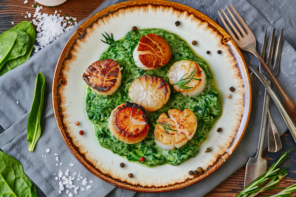 Seared Scallops on Spinach