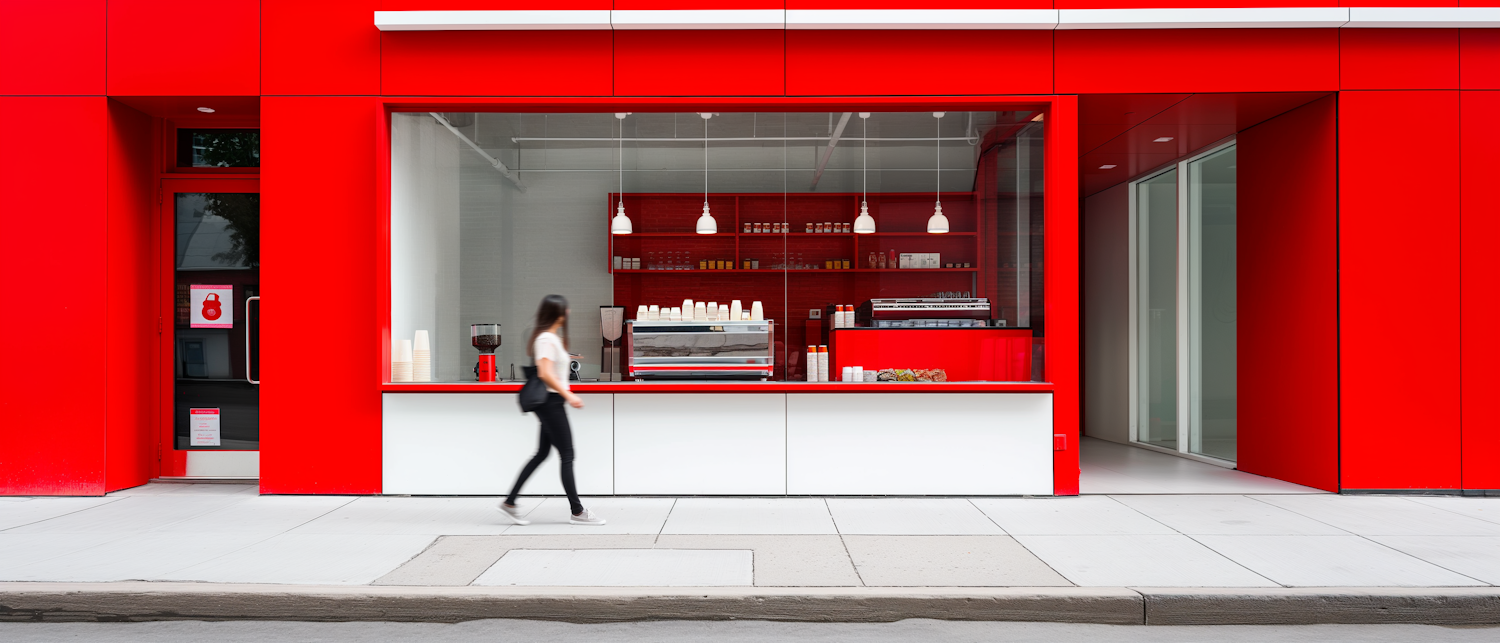 Vibrant Red Storefront with Passing Figure