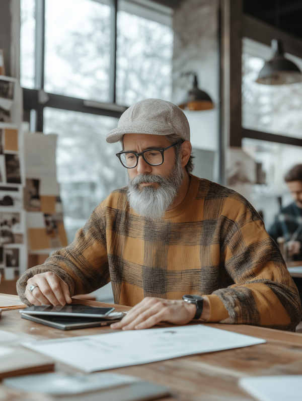 Man with Gray Beard and Glasses at Table