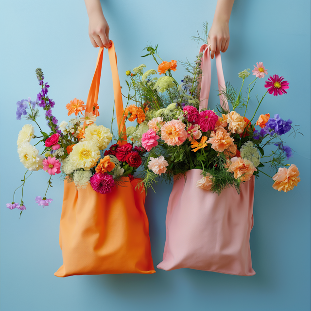 Hands Holding Flower-Filled Tote Bags