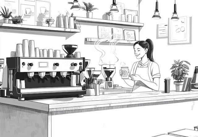 Cheerful Woman in Coffee Shop Illustration