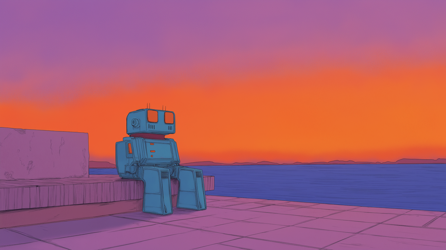 Contemplative Robot at Sunset