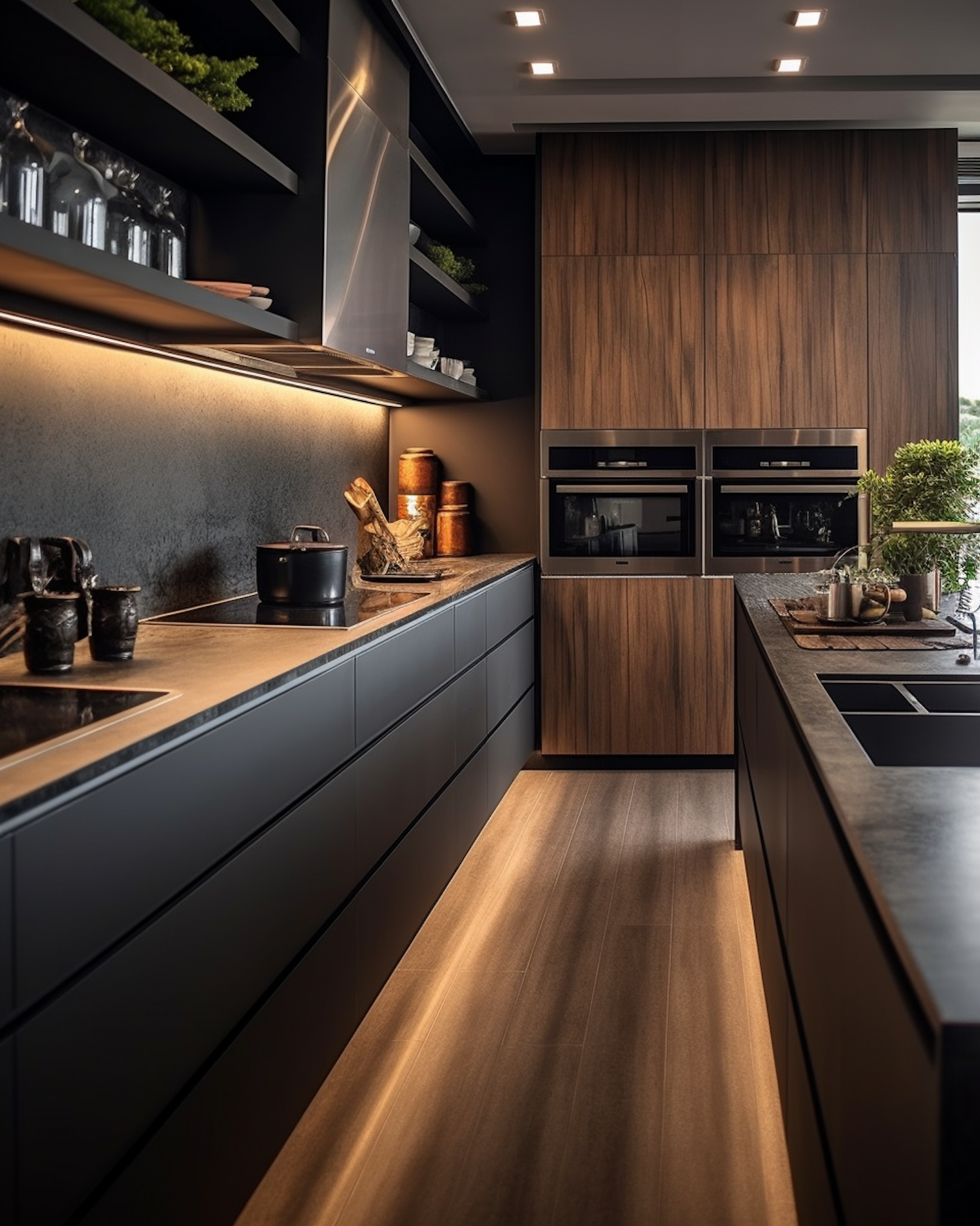 Modern Elegance: Sophisticated Dark Wood Kitchen with Slate Gray Accents