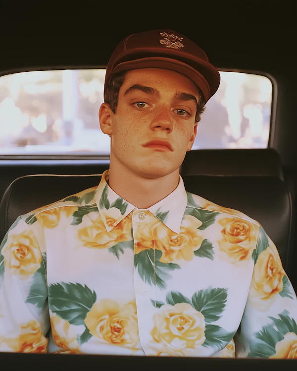 Contemplative Youth in Floral Shirt