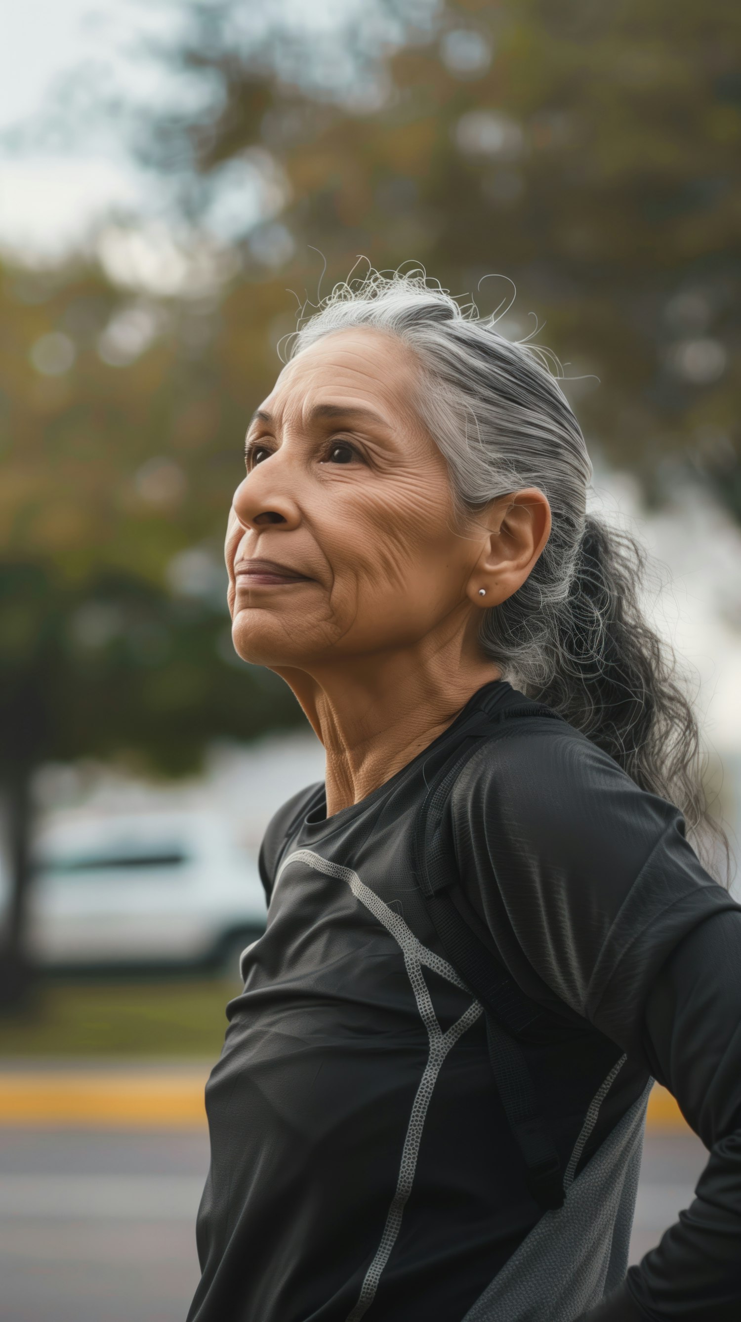 Contemplative Older Woman in Athletic Wear