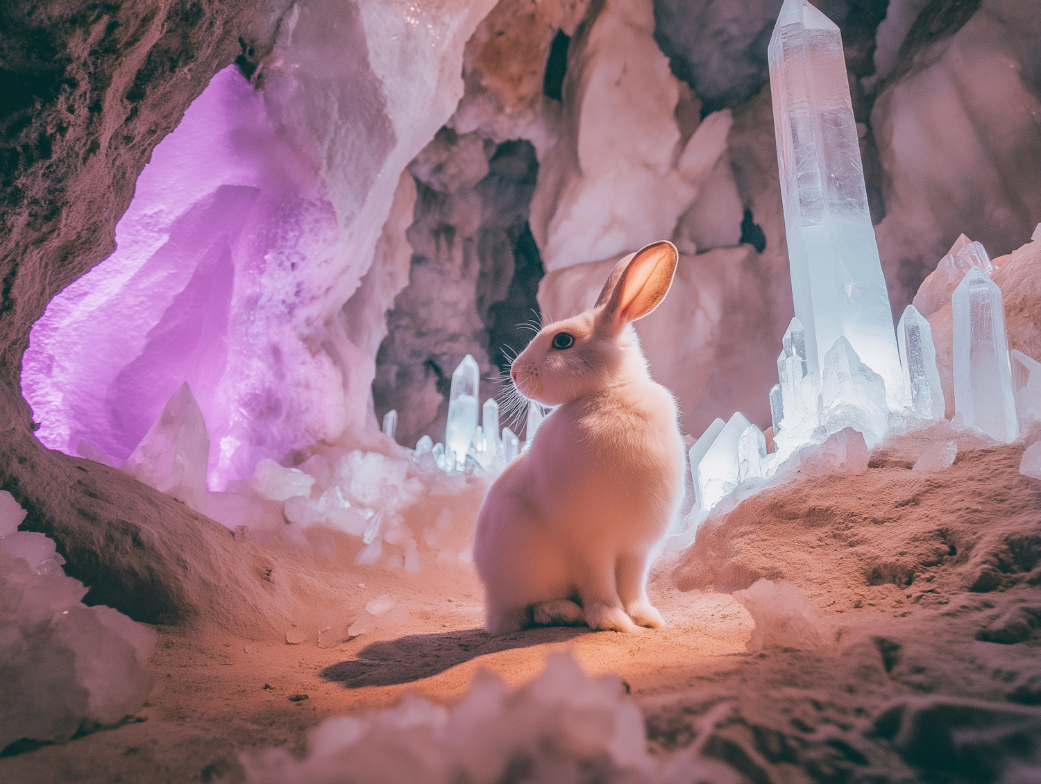 Mystical Crystal Cave with White Rabbit