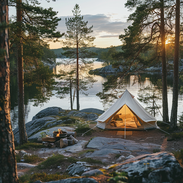 Serene Camping by the Lake at Sunset