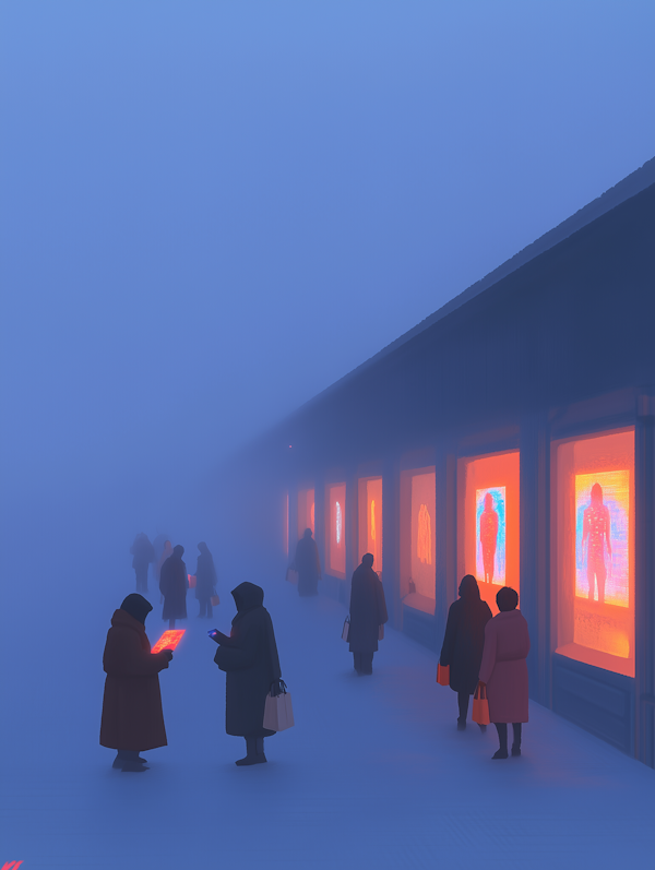 Foggy Street Scene with Digital Displays