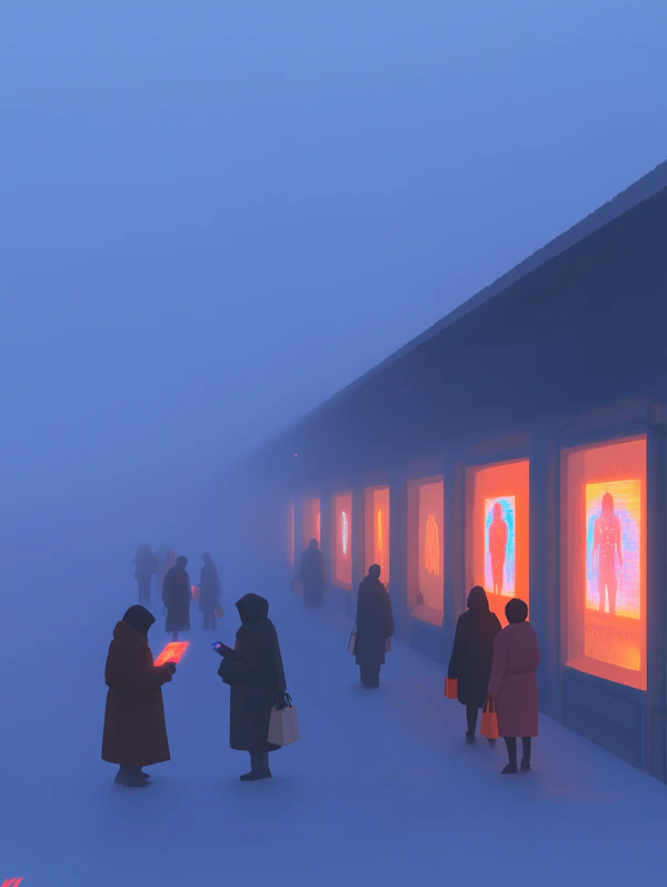 Foggy Street Scene with Digital Displays