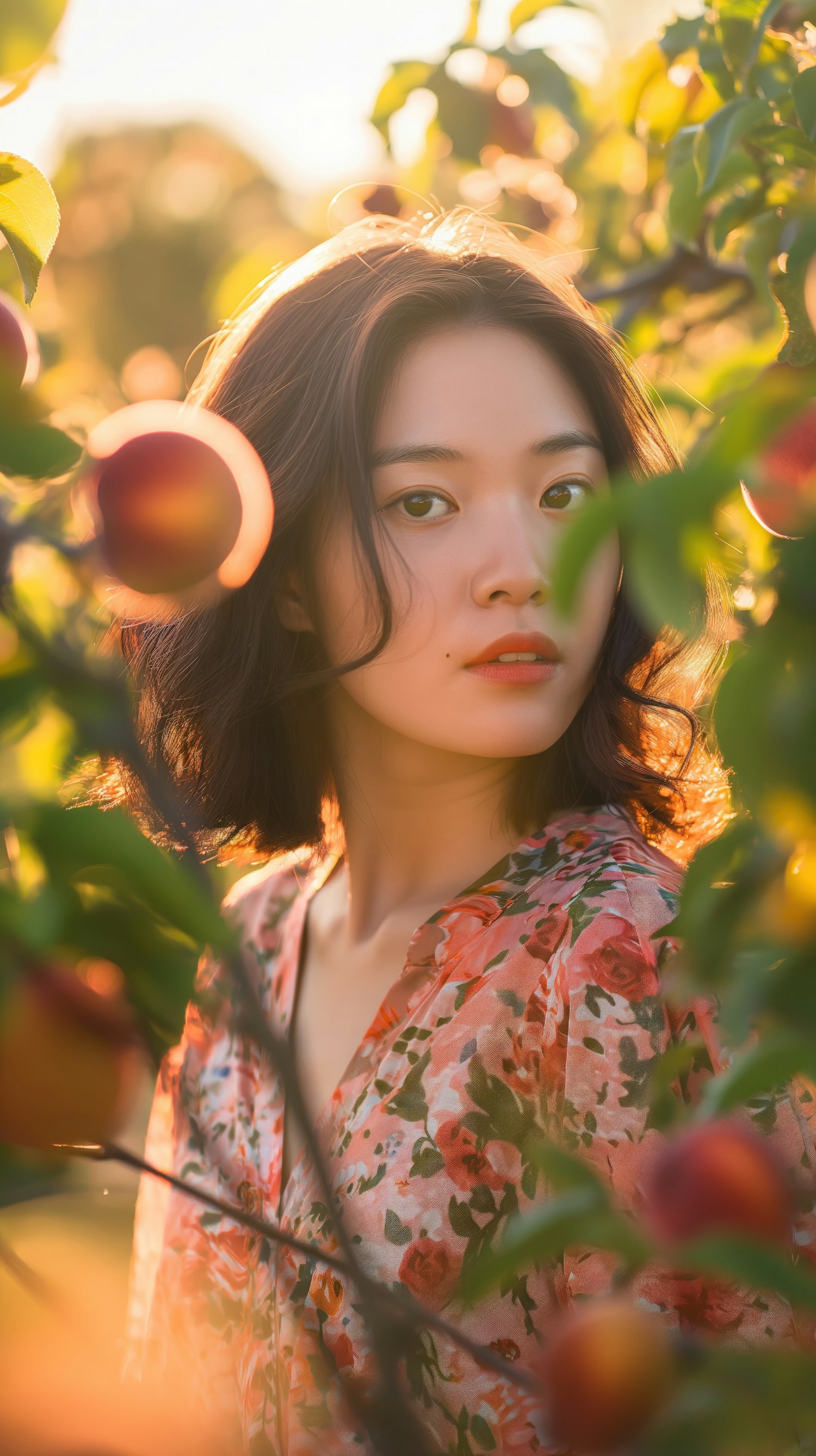 Serene Woman in Peach Orchard